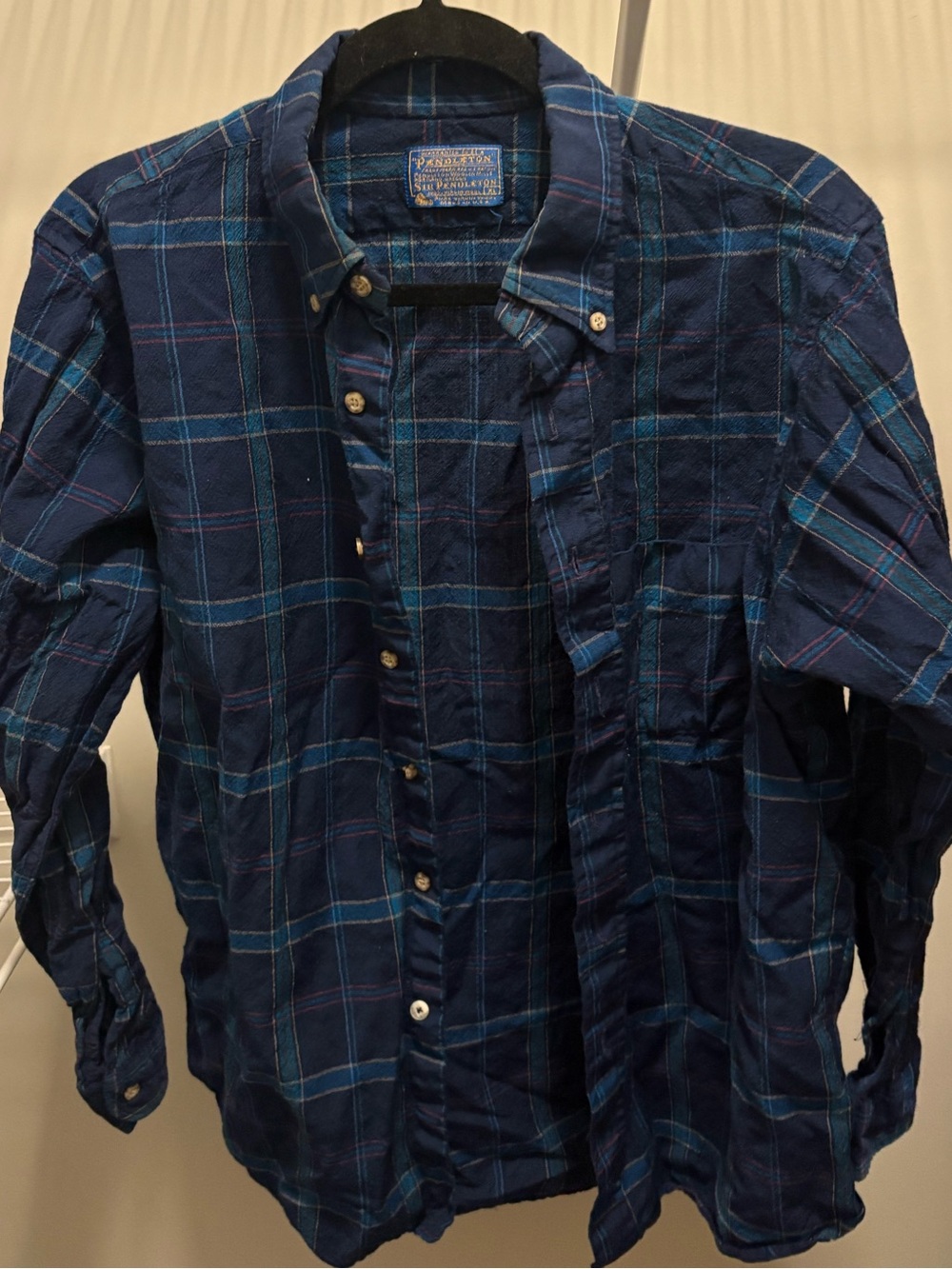 100% Virgin Wool Pendleton Navy and Teal Plaid Button-Down Shirt